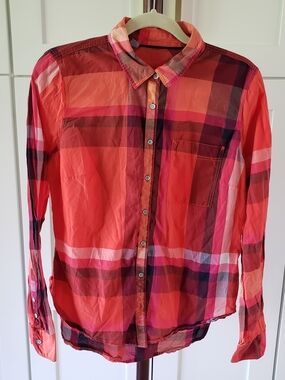 Women's Orange Plaid Button-Down Shirt